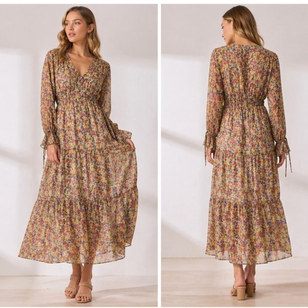 Mable Semi Sheer Tiered Maxi Dress Button Front Floral Tie Sleeve Medium